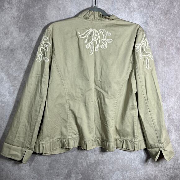 Chico's Blazer Jacket Womens Size 2 US Large Tan Ruffle Trim Embroidered Paisley - Picture 4 of 8